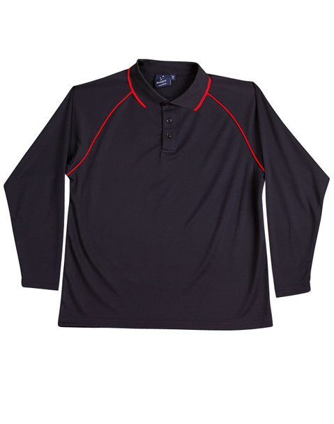 A long-sleeve black polo shirt with red detailing and a collar. It features a logo on the chest area.