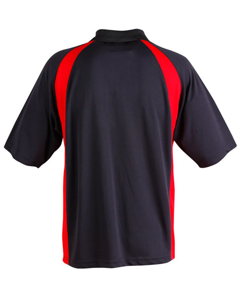 A men's polo shirt featuring a black body with red sleeves and a collar, complete with a logo.