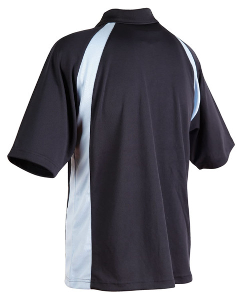 A black and light blue men's polo shirt with a standard collar and short sleeves, featuring a branded logo.