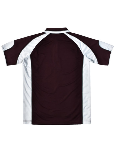 A brown and white polo shirt featuring a logo, with contrasting panels on the shoulders and sleeves.