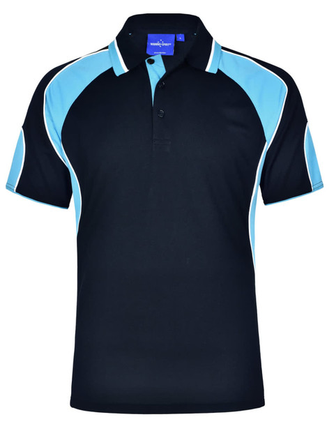A black polo shirt featuring blue accents and a logo on the collar. Short sleeves with contrasting details.