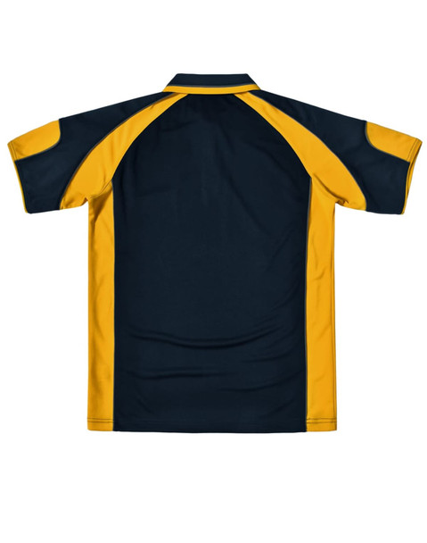 A navy and gold men's polo shirt featuring a logo. The shirt has short sleeves and a classic collar.
