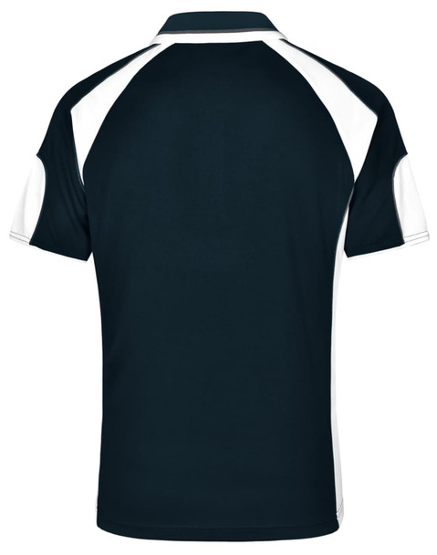 A men's polo shirt in navy with white detailing and a logo on the back.