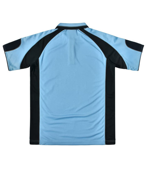 A light blue and black men's polo shirt featuring a logo, shown from the back.