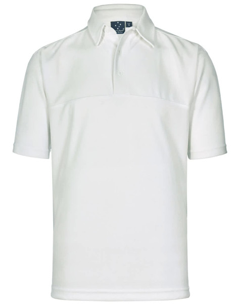 A white polo shirt with a classic collar and short sleeves, featuring a branded logo.