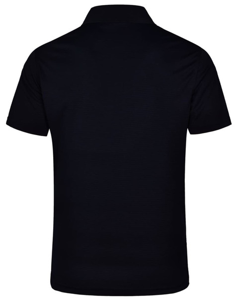 A black textured polo shirt featuring a collar and short sleeves, with a logo on the back.