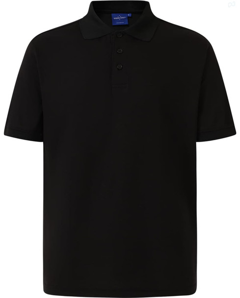 A black men's polo shirt featuring a collar, short sleeves, and a button placket. It has a logo on it.