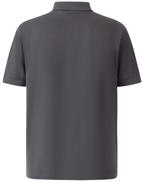 A grey men's polo shirt featuring a collar and short sleeves, with a logo on the back.