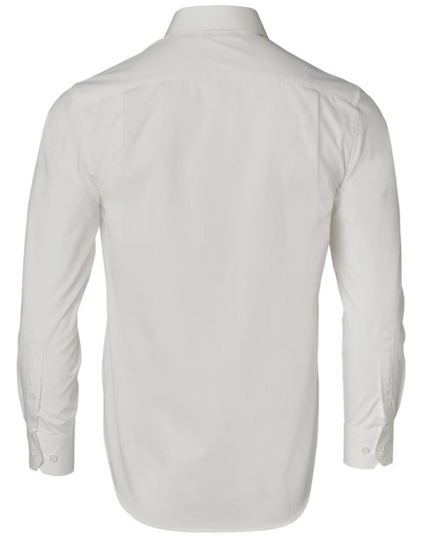 A long-sleeved, button-up shirt in white with a dobby striped texture, featuring a collar and branding on the back.