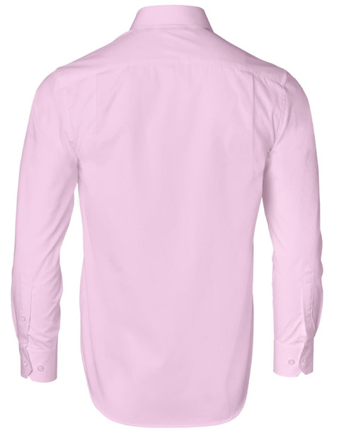 A pink men's button-up shirt with long sleeves and a dobby striped pattern, featuring a logo.