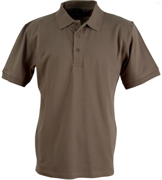 A brown polo shirt with a classic collar and three buttons, featuring a logo on the chest.