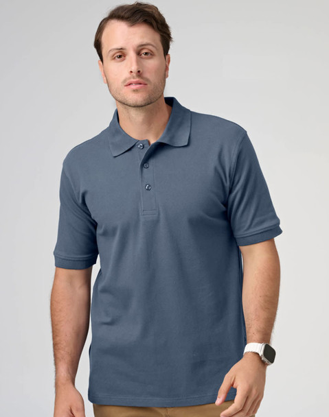 A men's polo shirt in a deep blue colour, featuring short sleeves and a classic collar. It has a logo on the chest.