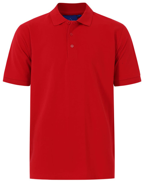 A red men's cotton stretch polo shirt, featuring a collar and short sleeves, with a small logo on the chest.