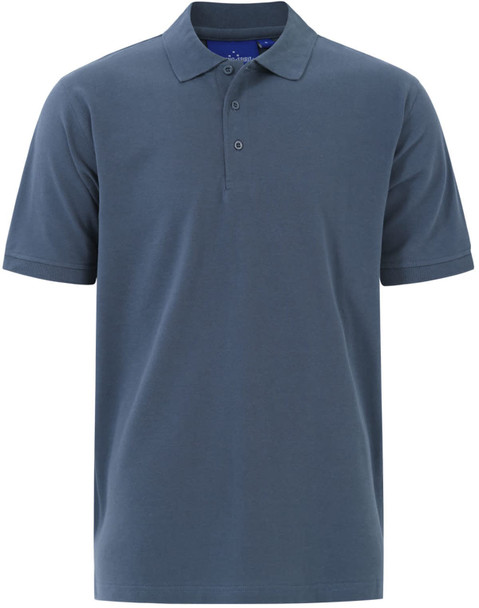 A navy blue men's cotton stretch polo shirt with a collar and three buttons, featuring a logo.