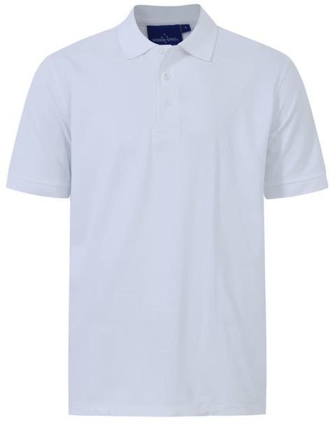 A white men's cotton stretch polo shirt with a classic collar and short sleeves, featuring a logo on the chest.