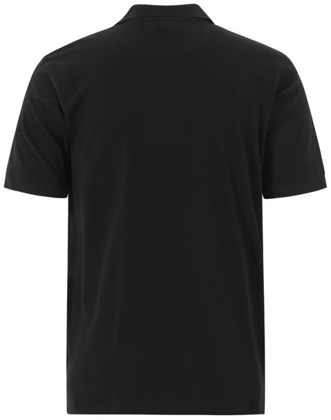 A black men's cotton stretch polo shirt featuring a short sleeve design and a collar. It has a logo on the back.