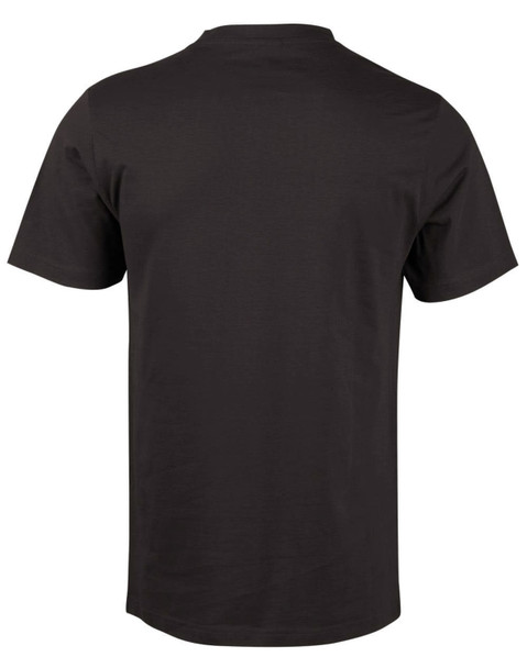A black men's cotton semi-fitted t-shirt, featuring short sleeves and a simple design, with a logo on the back.