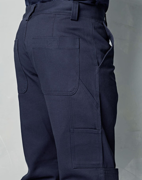 Navy cargo pants featuring knee pads and multiple pockets, with a clear logo on the back.