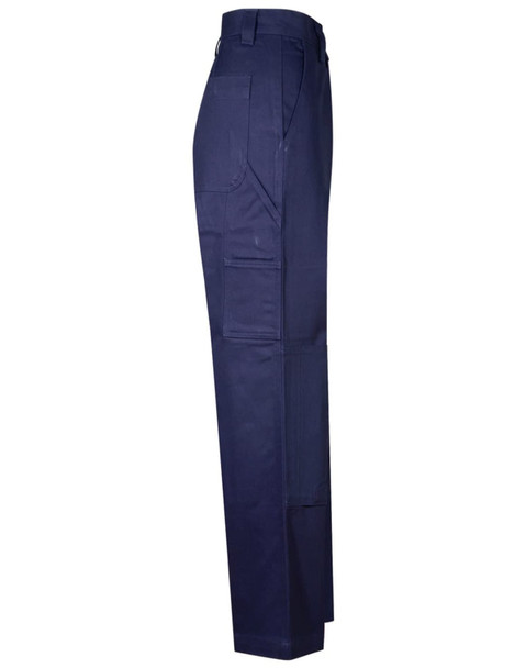 Navy cotton drill cargo pants with pre-shrunk fabric and knee pads, featuring pockets and a side view.