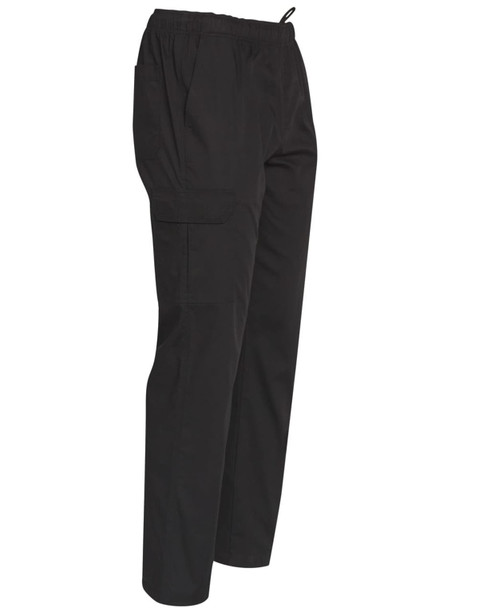 Men's functional chef pants in black, featuring an elastic waistband and pockets, with a logo present.
