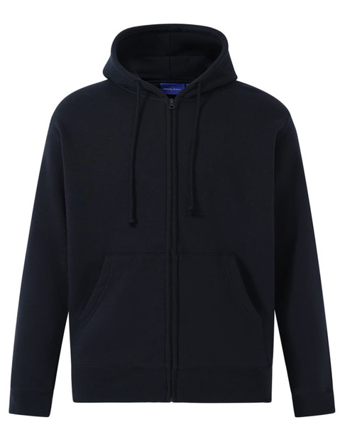 A navy full-zip fleecy hoodie with a hood and front pockets, featuring a logo.