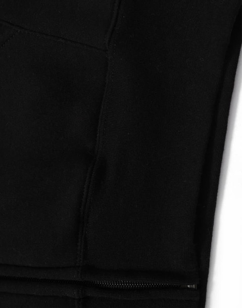 A black men's full-zip fleecy hoodie featuring a zippered pocket and a logo.