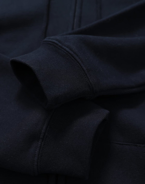 A men's full-zip fleecy hoodie in navy, featuring cuffed sleeves and a smooth fabric texture.