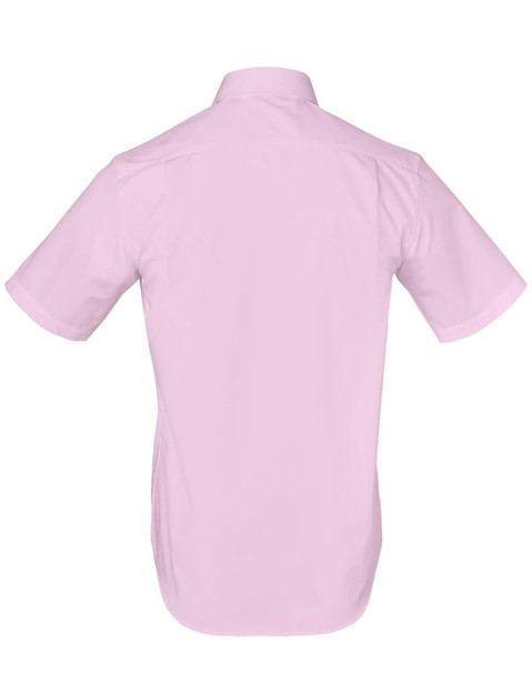 A short-sleeved, button-up shirt in light pink, featuring a smooth back design and a logo.
