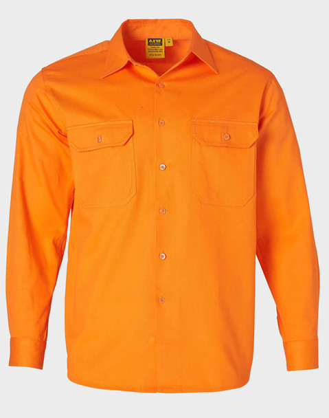 Men's long-sleeve drill shirt in bright orange, featuring two front pockets and a collar. Includes a logo.