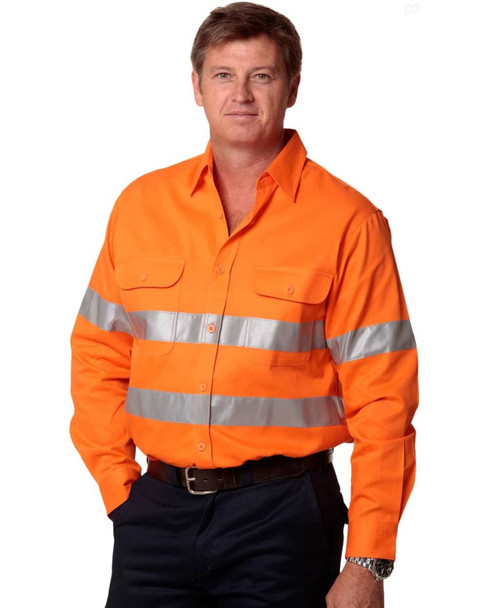 An orange long-sleeved drill shirt featuring reflective 3M tape stripes, designed for safety wear.