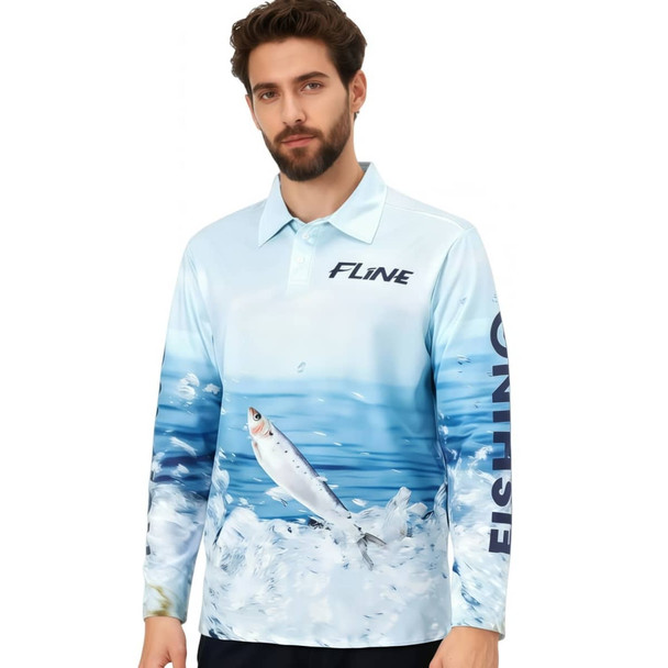 A light blue long-sleeve polo shirt featuring a fish design and a logo, suitable for fishing.