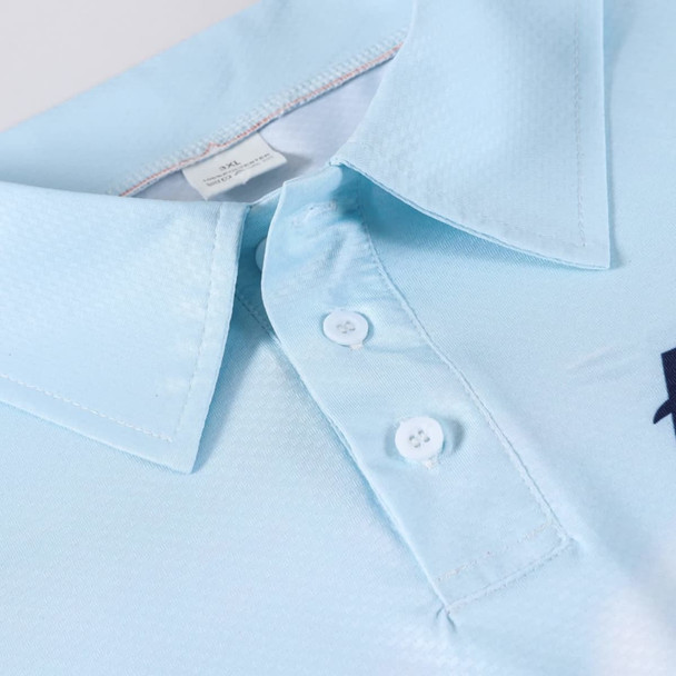 A light blue polyester spandex fishing polo shirt with a collar and buttons, featuring a logo.