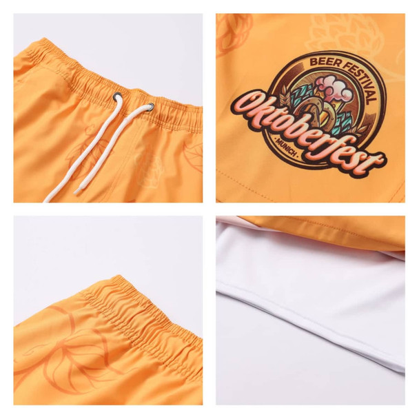 Men's polyester spandex swim shorts in vibrant orange, featuring a logo and an elastic waistband with drawstrings.