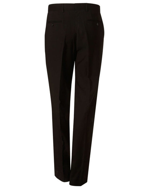 Men's black polyviscose stretch pants featuring a straight-leg design and back pockets. Includes branding.