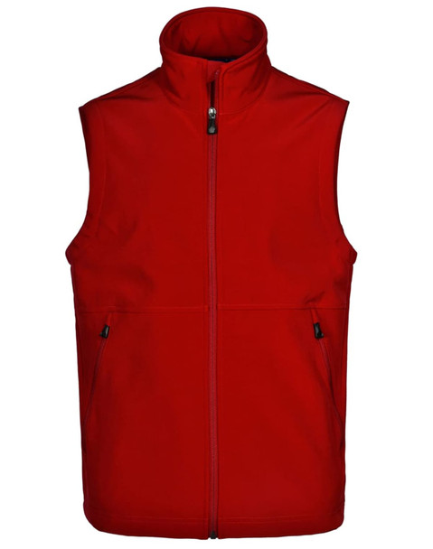 A red men's softshell hi-tech vest featuring a high collar and zippered front, with side pockets and a logo.