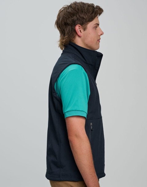 A men's navy softshell vest, featuring a zippered pocket and a branding logo, displayed on a model.