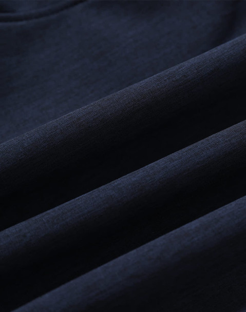 A navy blue softshell fabric displaying smooth, folded sections, featuring a logo. Suitable for a full zip hoodie.