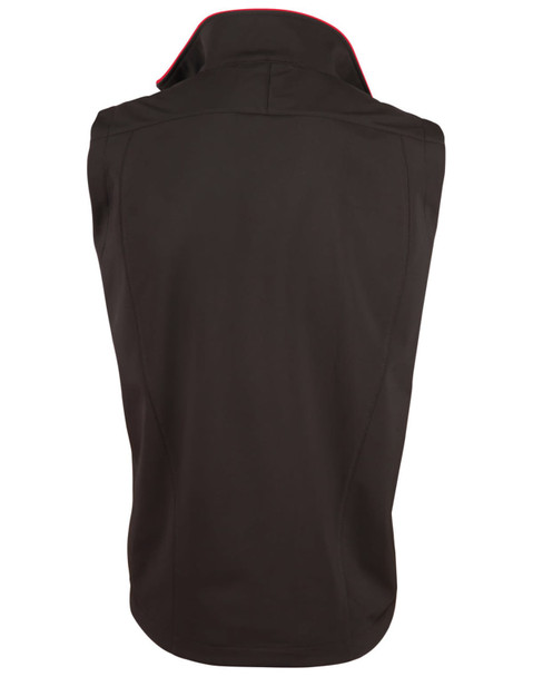A black men's softshell contrast vest featuring a red trim and a logo on the back.