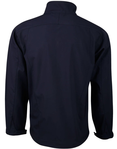 A navy men's softshell jacket featuring a high collar and a smooth back design. Includes a logo.