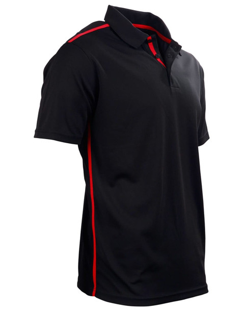 A black short sleeve polo shirt with contrast red detailing and a logo on the chest.