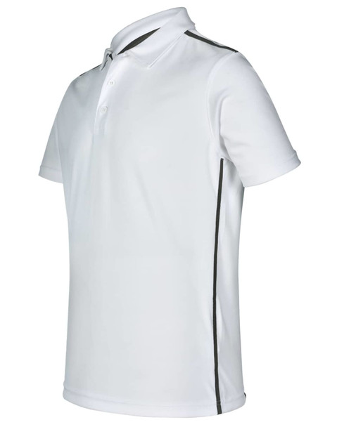 A white short sleeve polo shirt featuring contrast stripes and a logo.