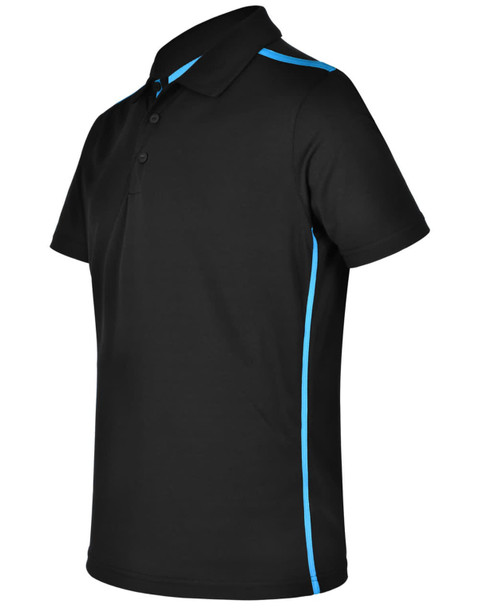 A black short sleeve polo shirt with contrast blue detailing and a logo on the chest.