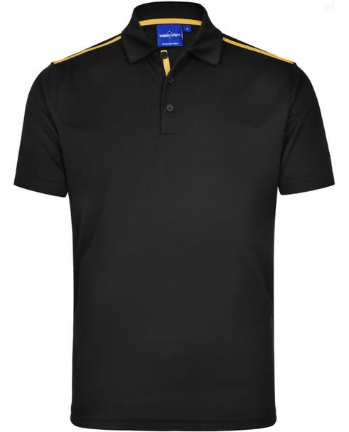 A black short sleeve polo shirt with yellow contrast detailing and a logo on the chest.