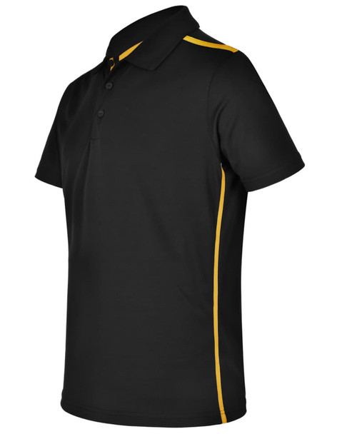 A black short sleeve polo shirt with contrasting yellow side stripes and a logo on the chest.