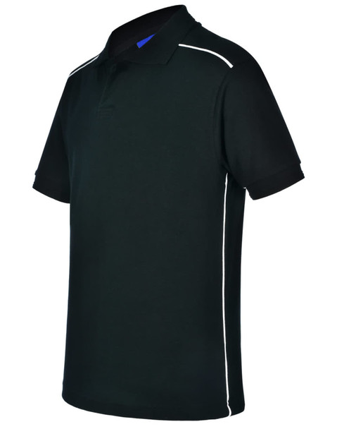 A black men's polo shirt featuring white piping and a collar, with branding visible.