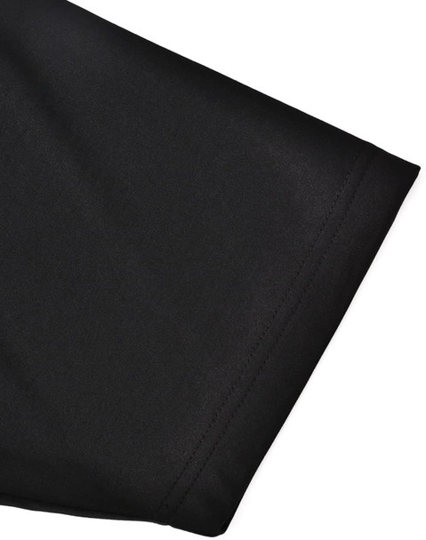 A black short-sleeve polo shirt featuring a sustainable poly/cotton blend and a contrasting detail.
