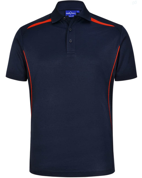 A navy polo shirt with contrasting red side panels and a collar. It features buttons and a logo.