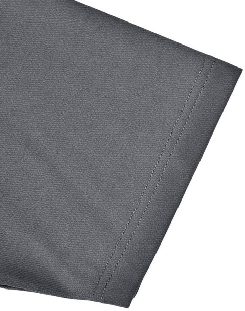 A close-up of the sleeve of a grey men's sustainable poly/cotton contrast polo shirt featuring stitching details and a logo.