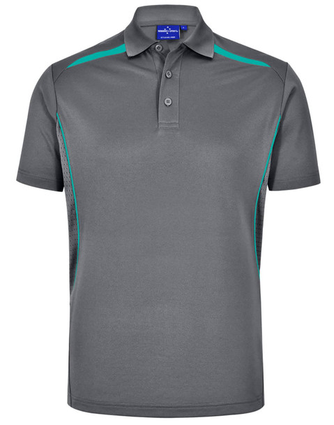 A grey men's sustainable polo shirt with teal contrast accents and a logo on the chest. Short sleeves and a classic collar.