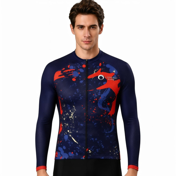 Men's long sleeve cycling jersey featuring a navy base with red and blue splashes and a logo.